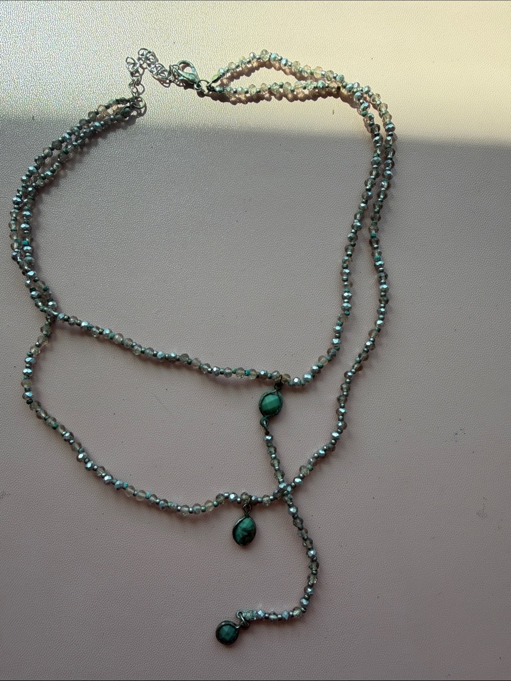 Free People Silver-Tone Layered Beaded Necklace with Green Stones